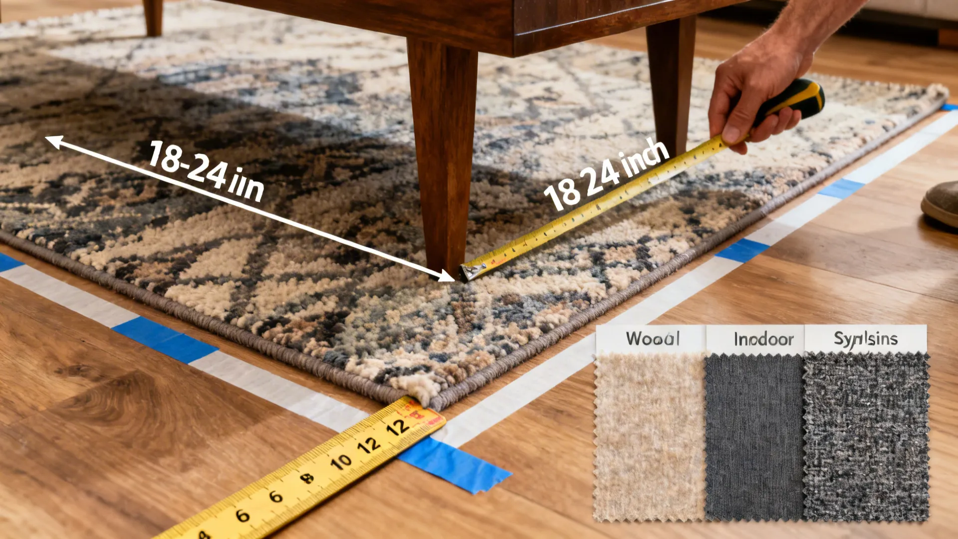 Close-up visuals showing measurements, ruler, and rug material swatches to illustrate sizing tips