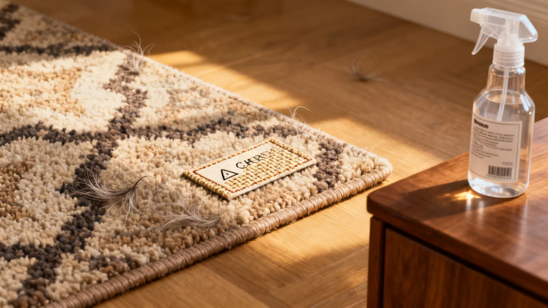 Close-up vignette of rug swatch, care label, and cleaning sample illustrating common FAQ points.