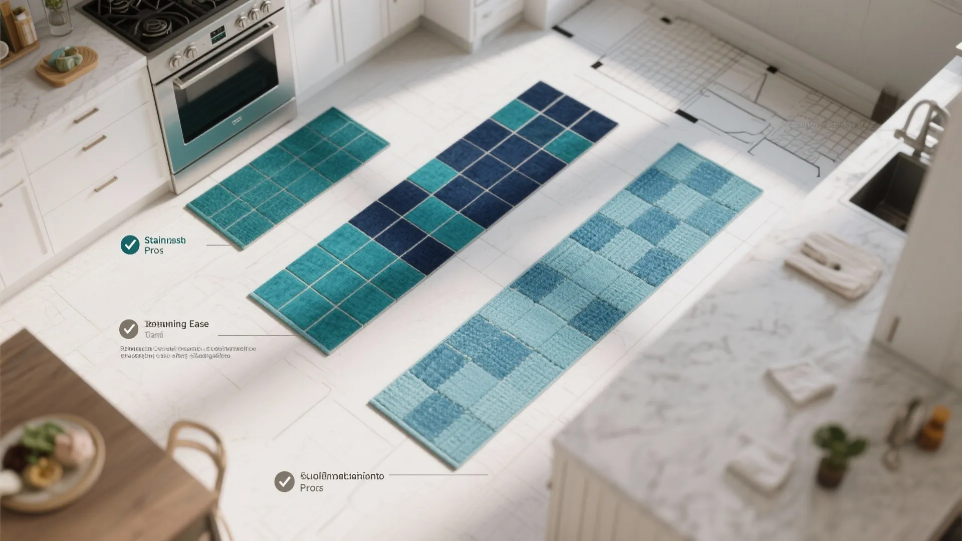 Kitchen floor plan infographic showing three different blue rug options with pros and cons labels