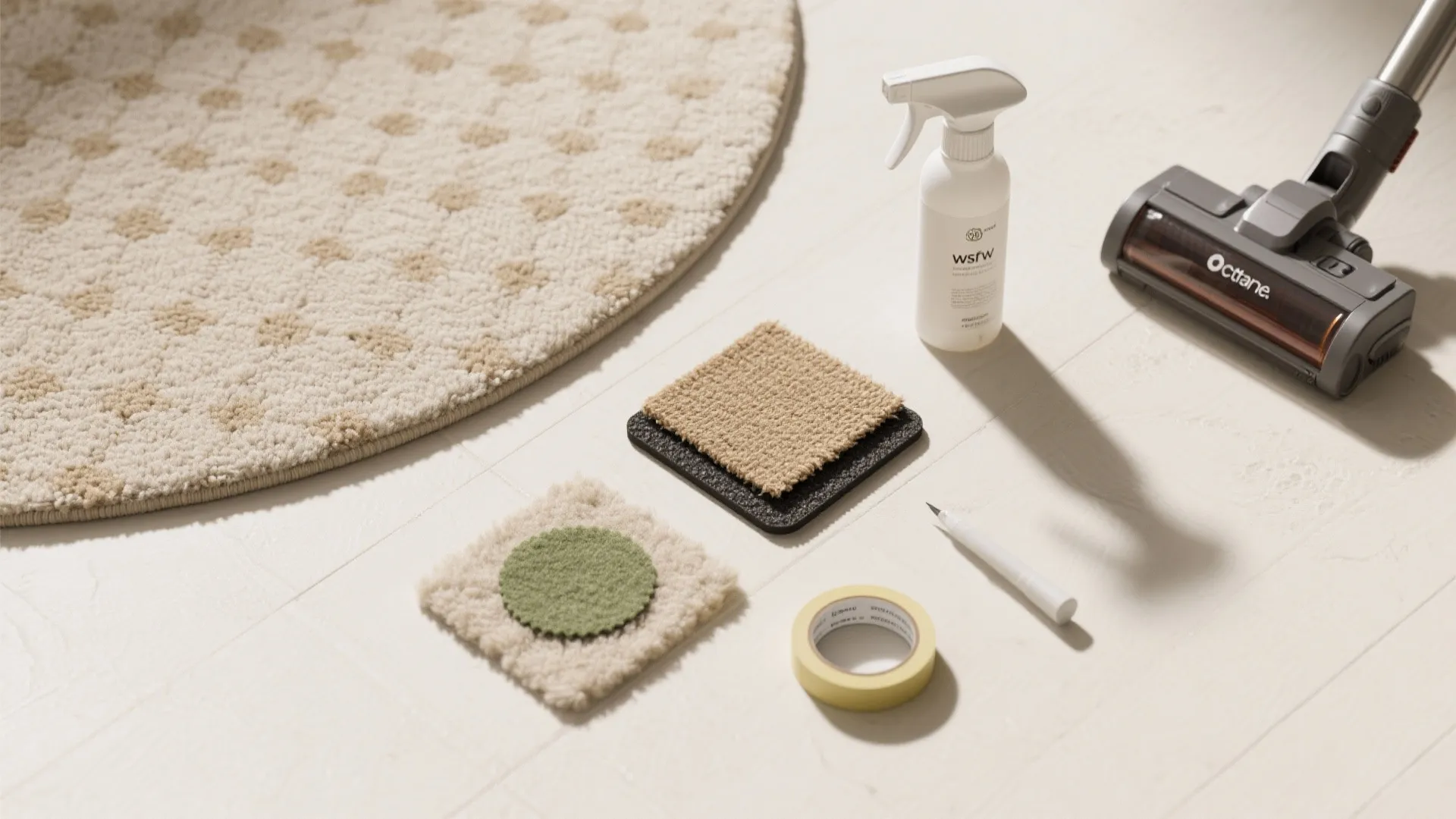 Flatlay of rug essentials for small rooms: rug pad, samples, painter’s tape, fabric cleaner, and vacuum nozzle.