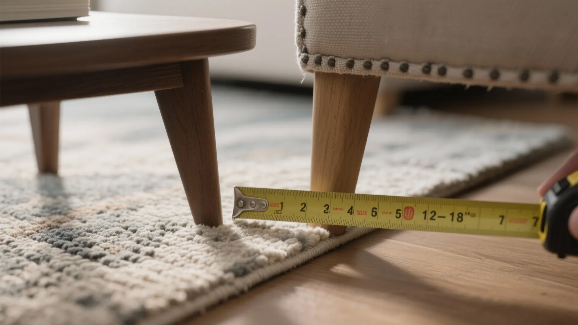 Close up of yellow tape measure measuring distance between table legs on a patterned rug