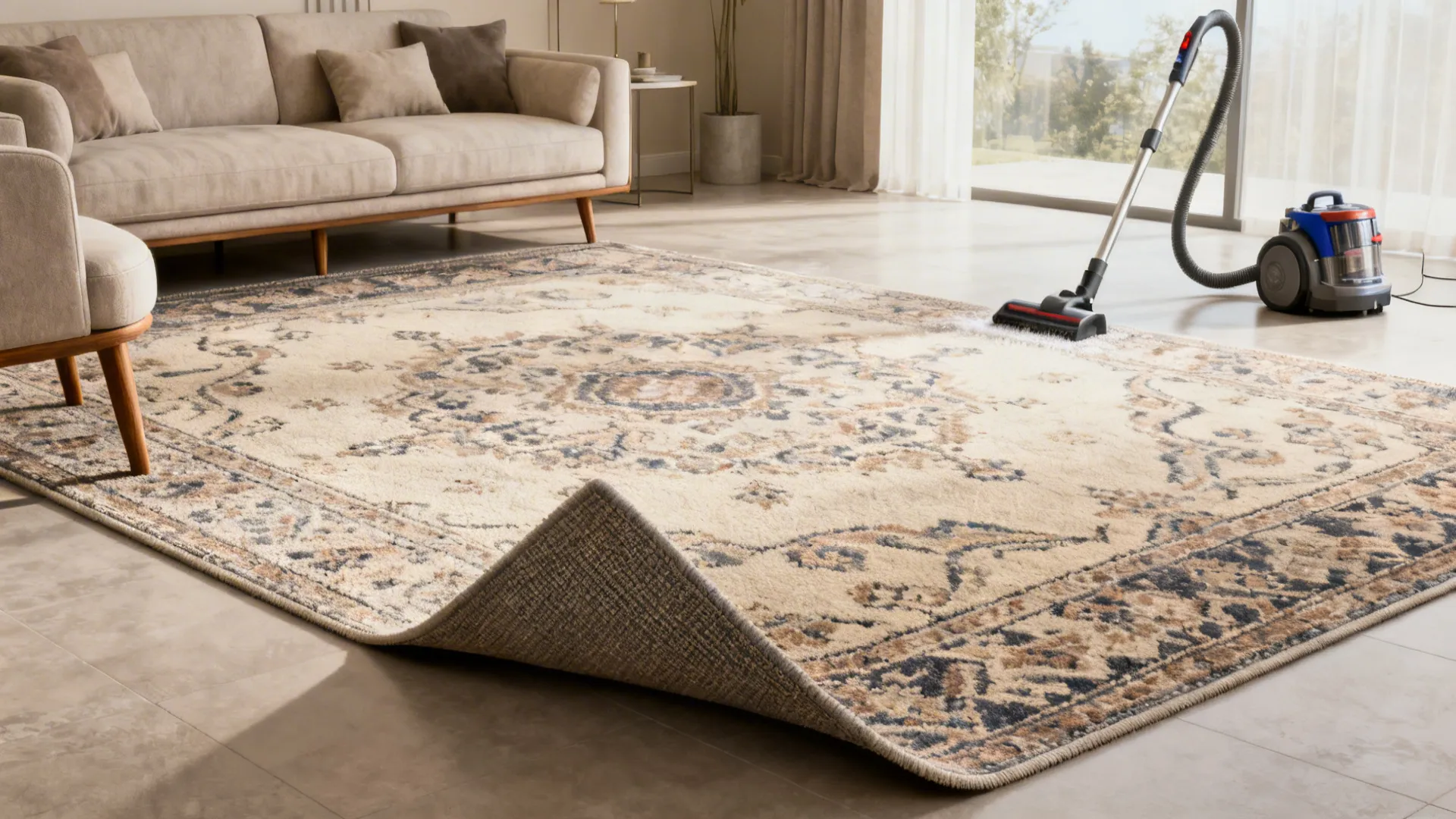 Montage showing rug sizing, placement options, materials, and cleaning tips for a 12x14 rug