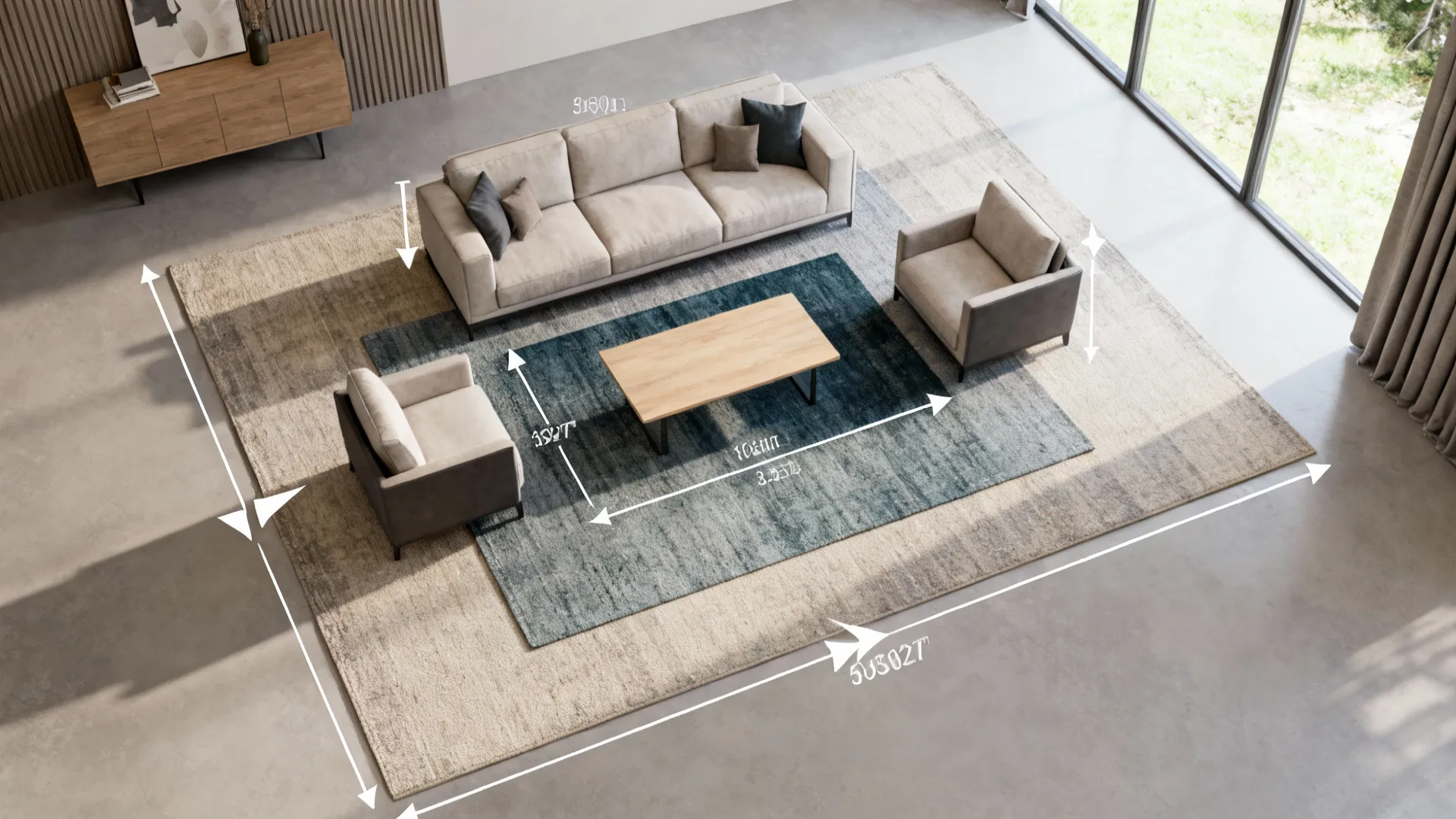 Top view of living room furniture with sofa chairs coffee table and rugs showing measurements