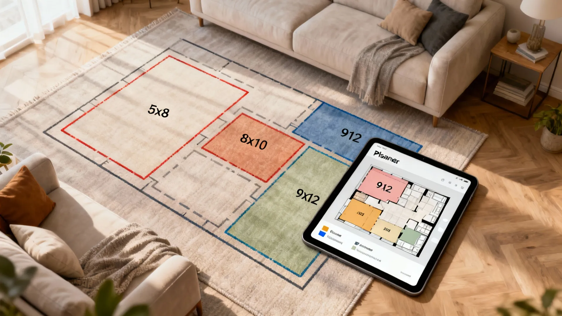 Top-down mockup of a living room floor plan with multiple rug size outlines and a tablet room planner.
