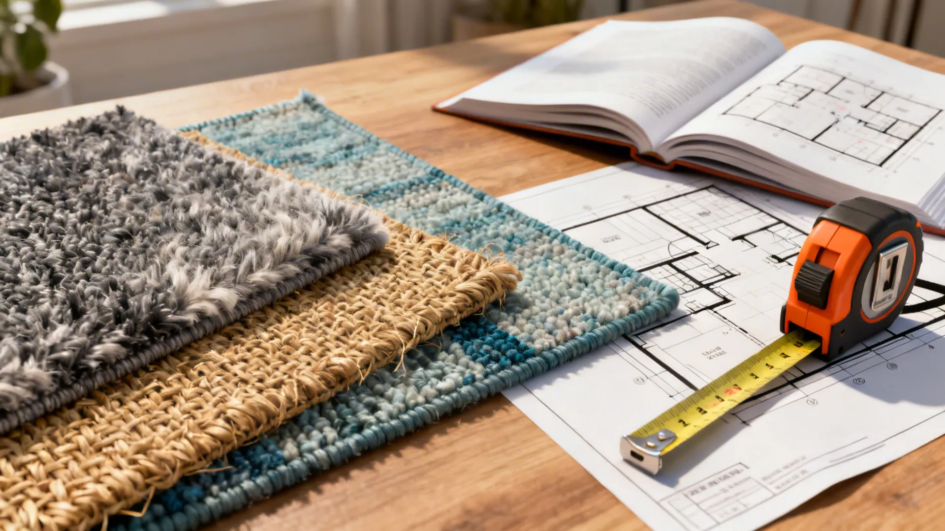 Rug material swatches, measuring tape and floor plan illustrating sizing and maintenance FAQ