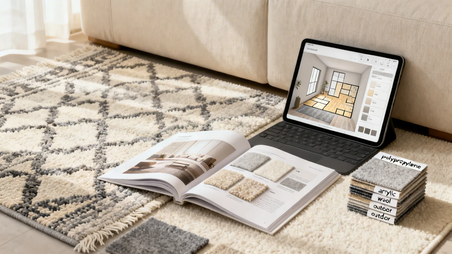 Reading nook with rug swatches and a tablet showing a 3D floor planner for testing layouts.