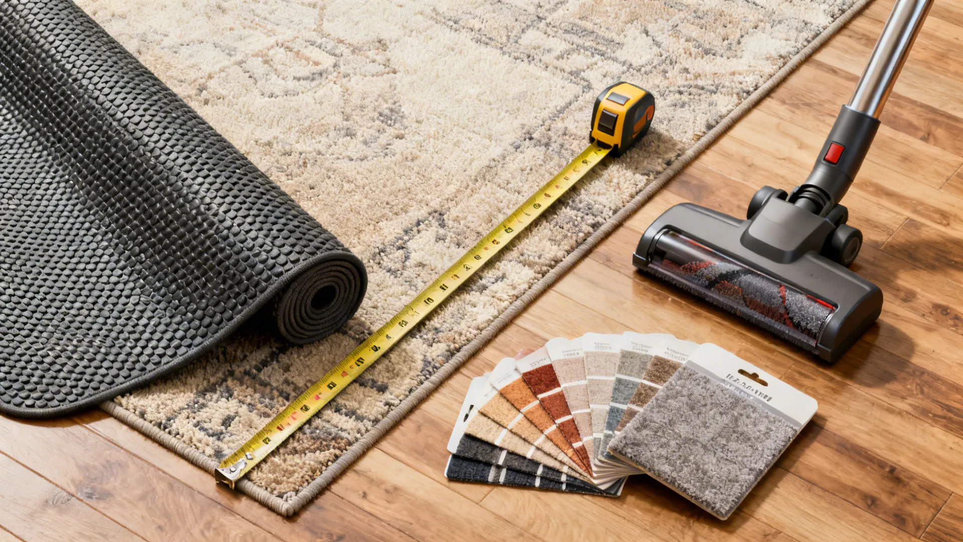 Rug care items including non-slip pad, measuring tape, vacuum and color swatches on floor.