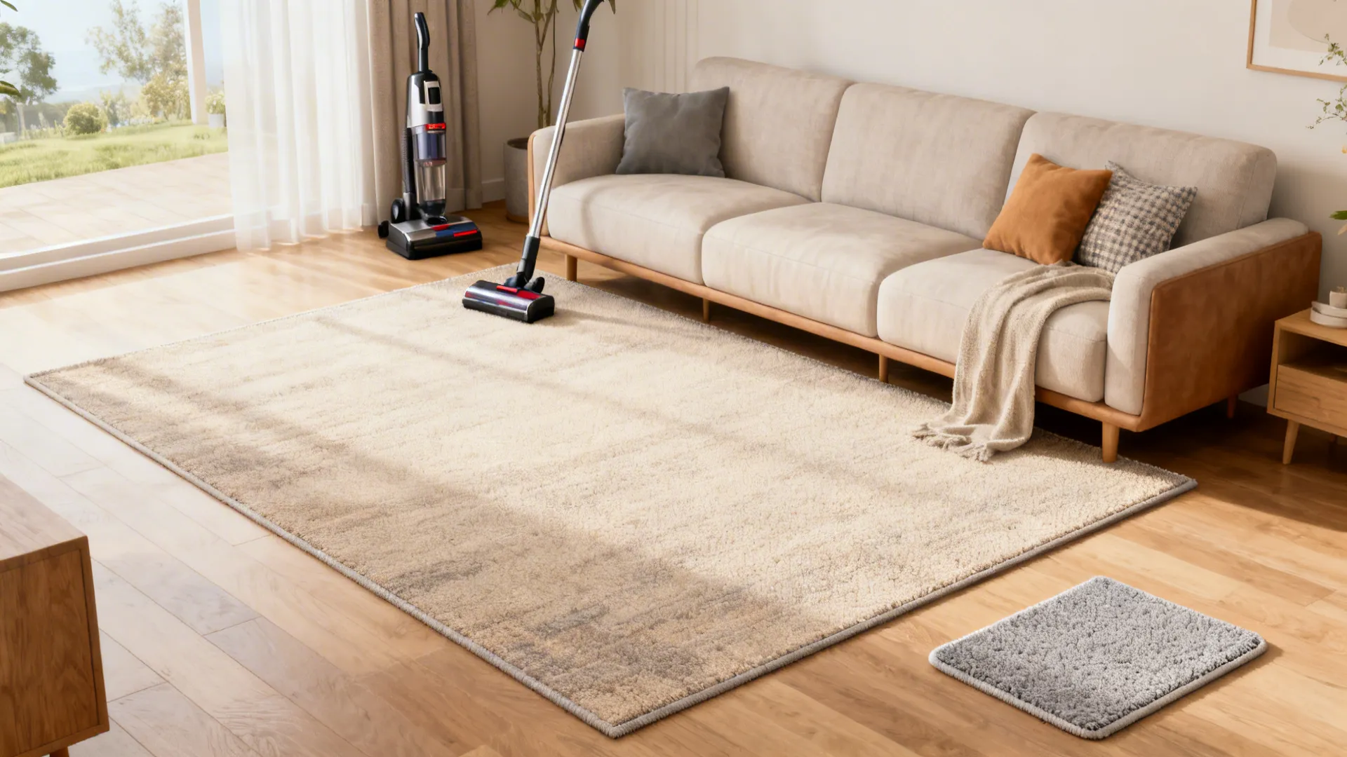 Living room scene illustrating rug FAQ topics like size, cleaning, and humidity choices