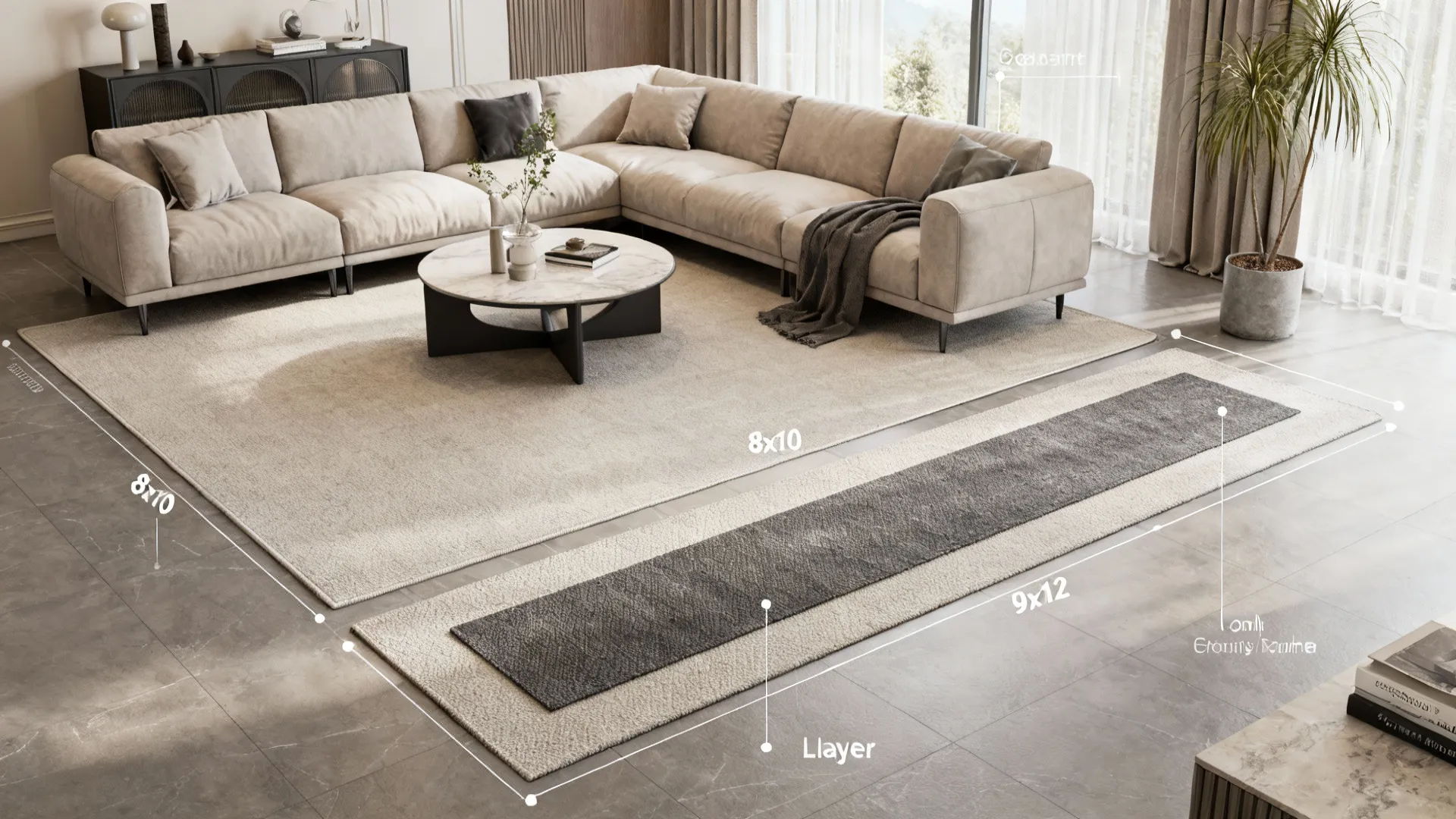 Visual guide showing common rug sizes and placement options in a neutral living room vignette