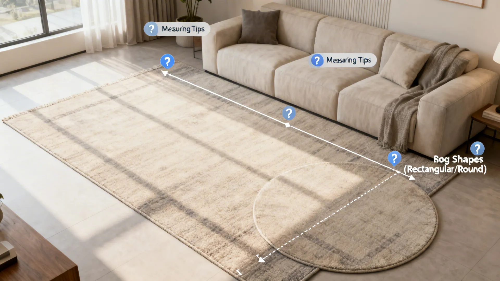 Visual FAQ showing how to measure rug sizes and choose shapes for living rooms