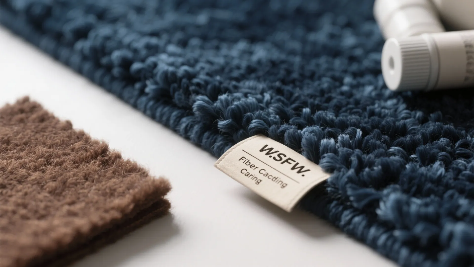 Macro view of navy wool rug pile and brown wool sample with care label.
