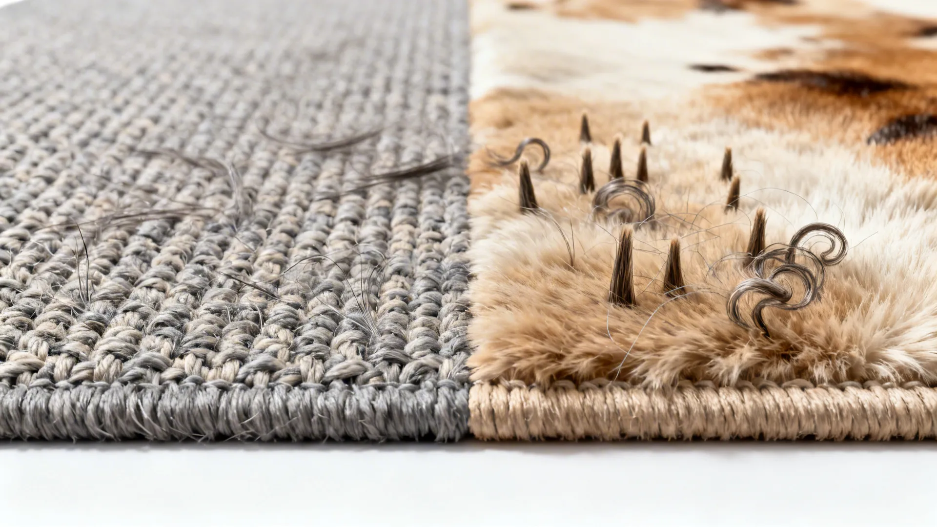 Macro close-up of synthetic flatweave and plush faux-hide rug fibers showing texture and pet hair capture.
