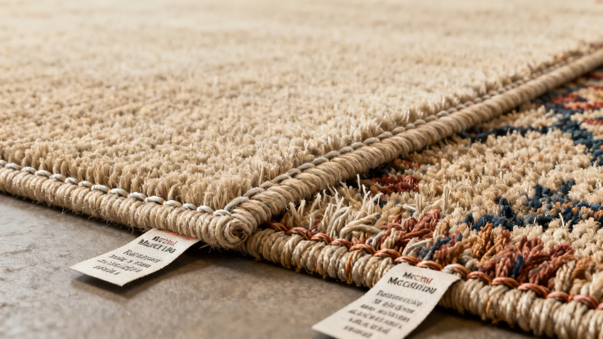 Close-up comparison of machine-made and hand-knotted rug textures and edges