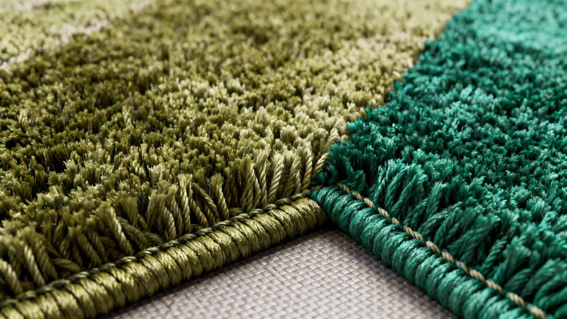 Macro detail of green rug fibers, edge binding and rug pad.