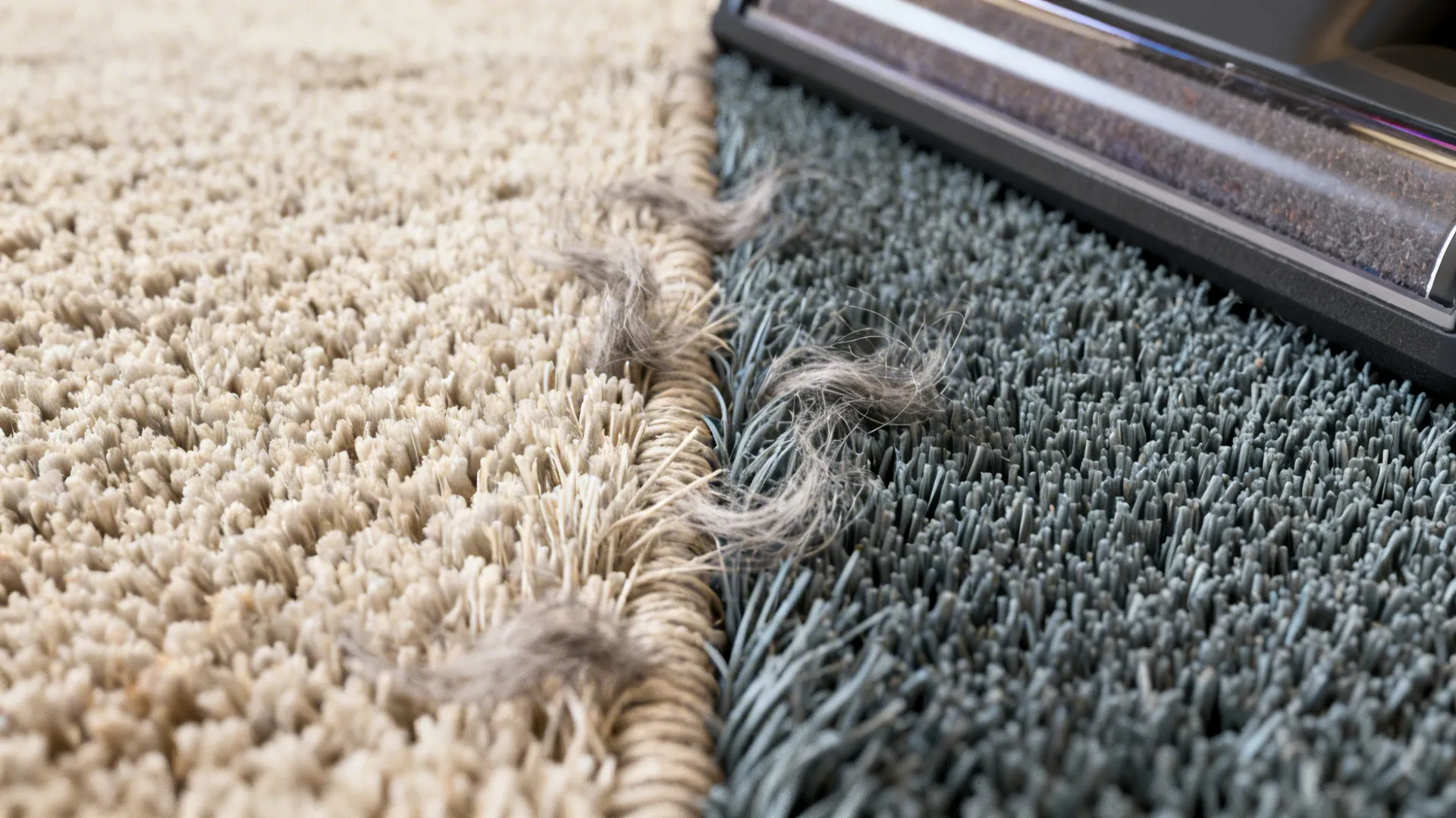 Macro comparison of high-pile wool and low-pile synthetic rug fibers with pet hair detail.