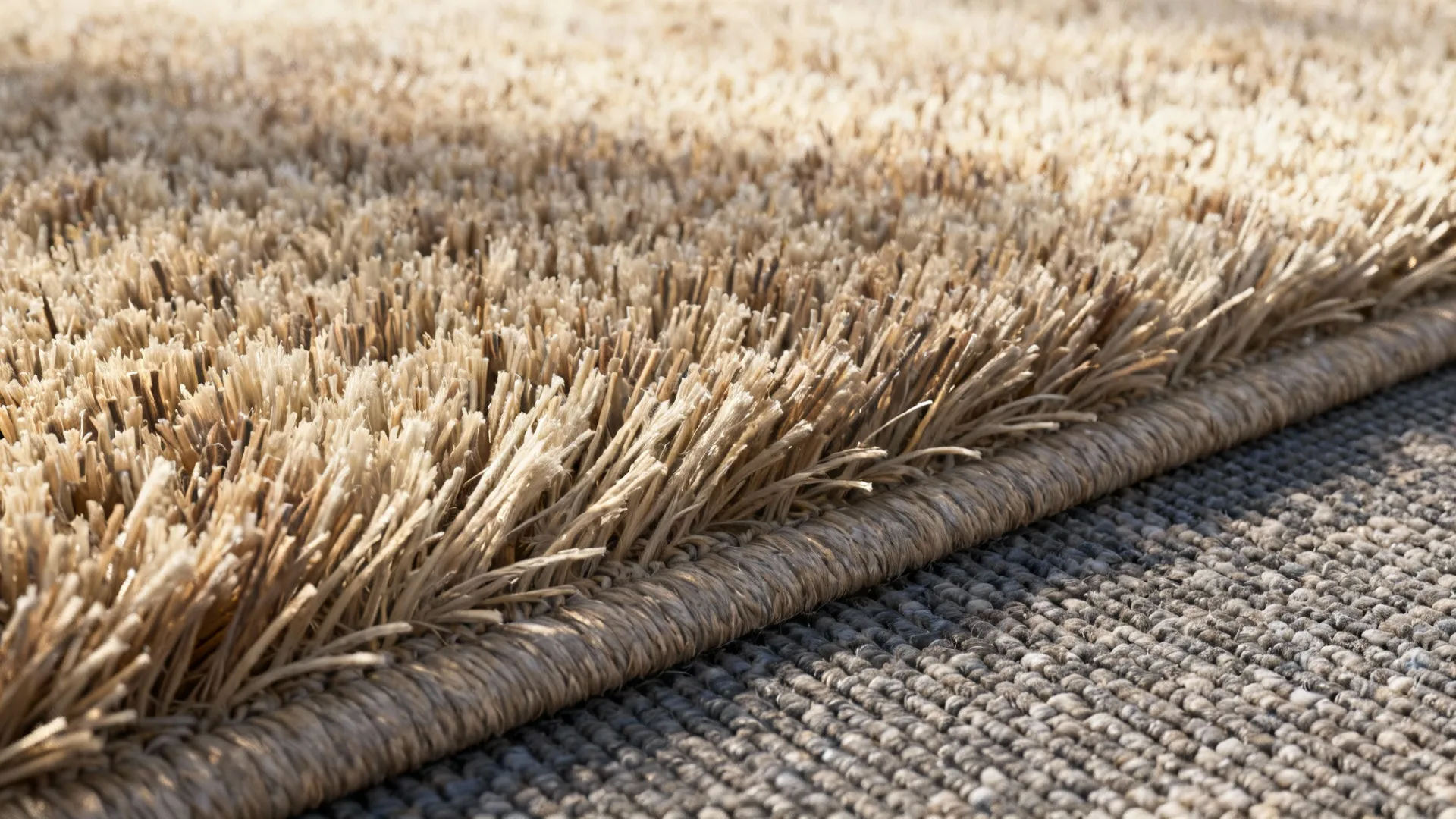 Close-up comparison of wool and synthetic rug fibers with a rug pad beneath.