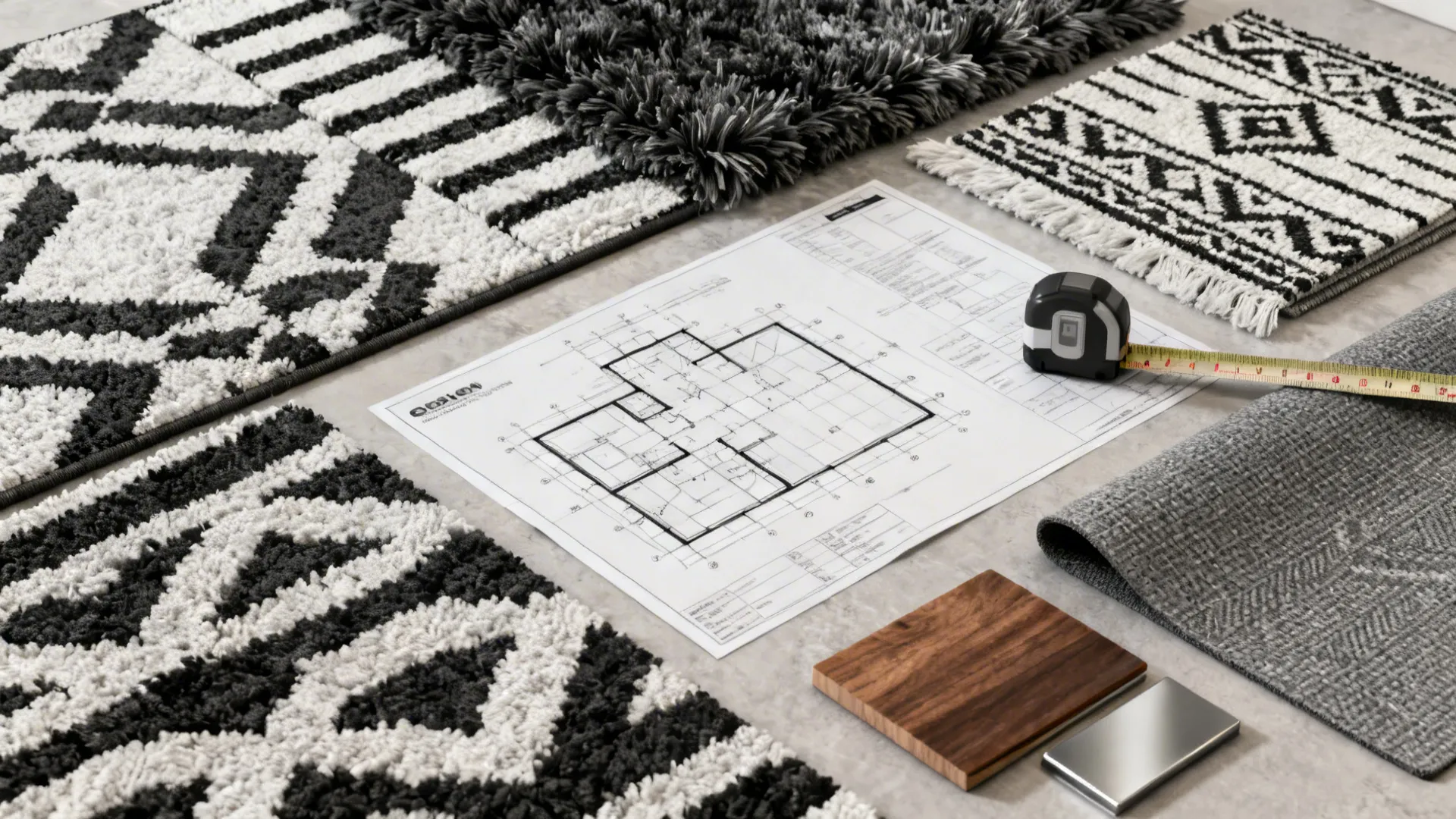 Flatlay of black-and-white rug swatches, measuring tape, rug pad sample, and finish chips for planning.