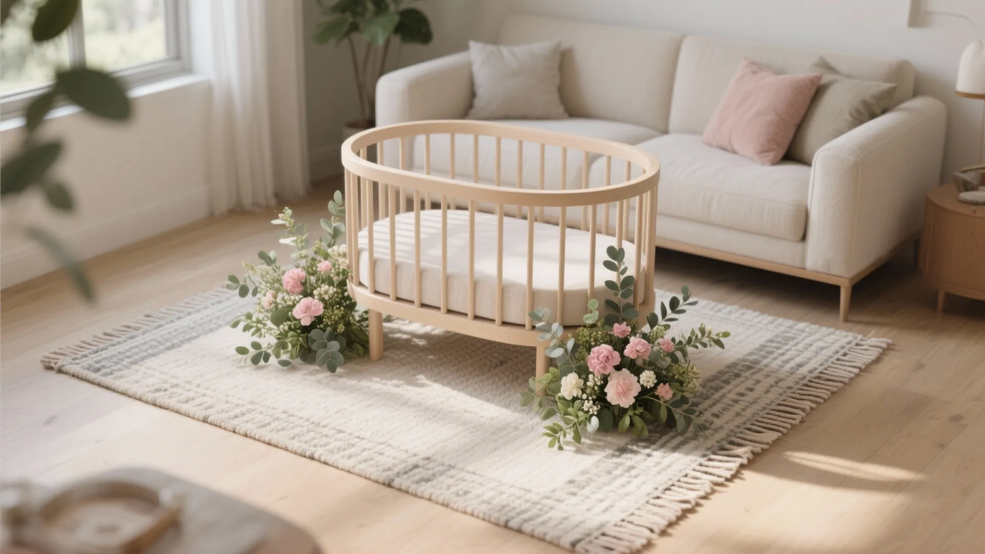 Oval wooden baby bed on a grey rug surrounded by pink flowers and white sofa