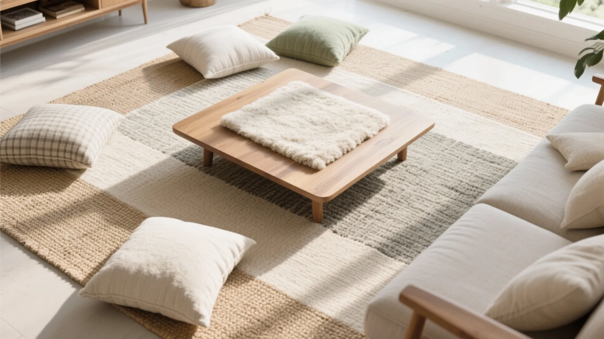 Floor cushions with layered rugs