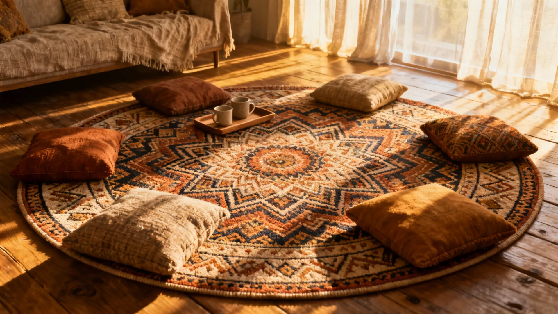 Large patterned rug with low floor cushions creating a coffee-table-free seating area