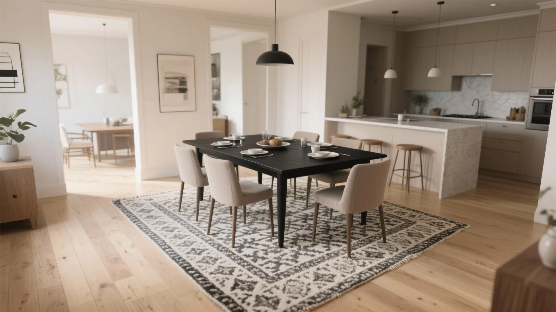 Open-plan dining area with a black table anchored by a patterned rug and pale flooring leading to a calm kitchen sightline.