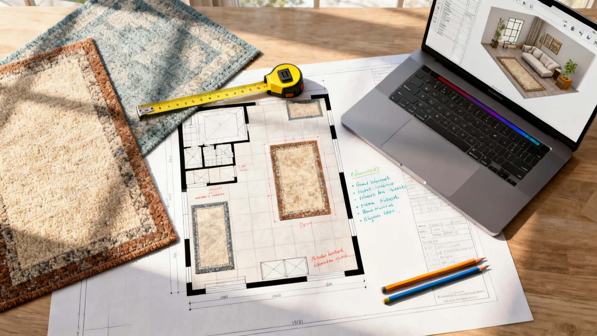 Top-down view of a scaled floor plan with rug templates and planning tools for layout experiments