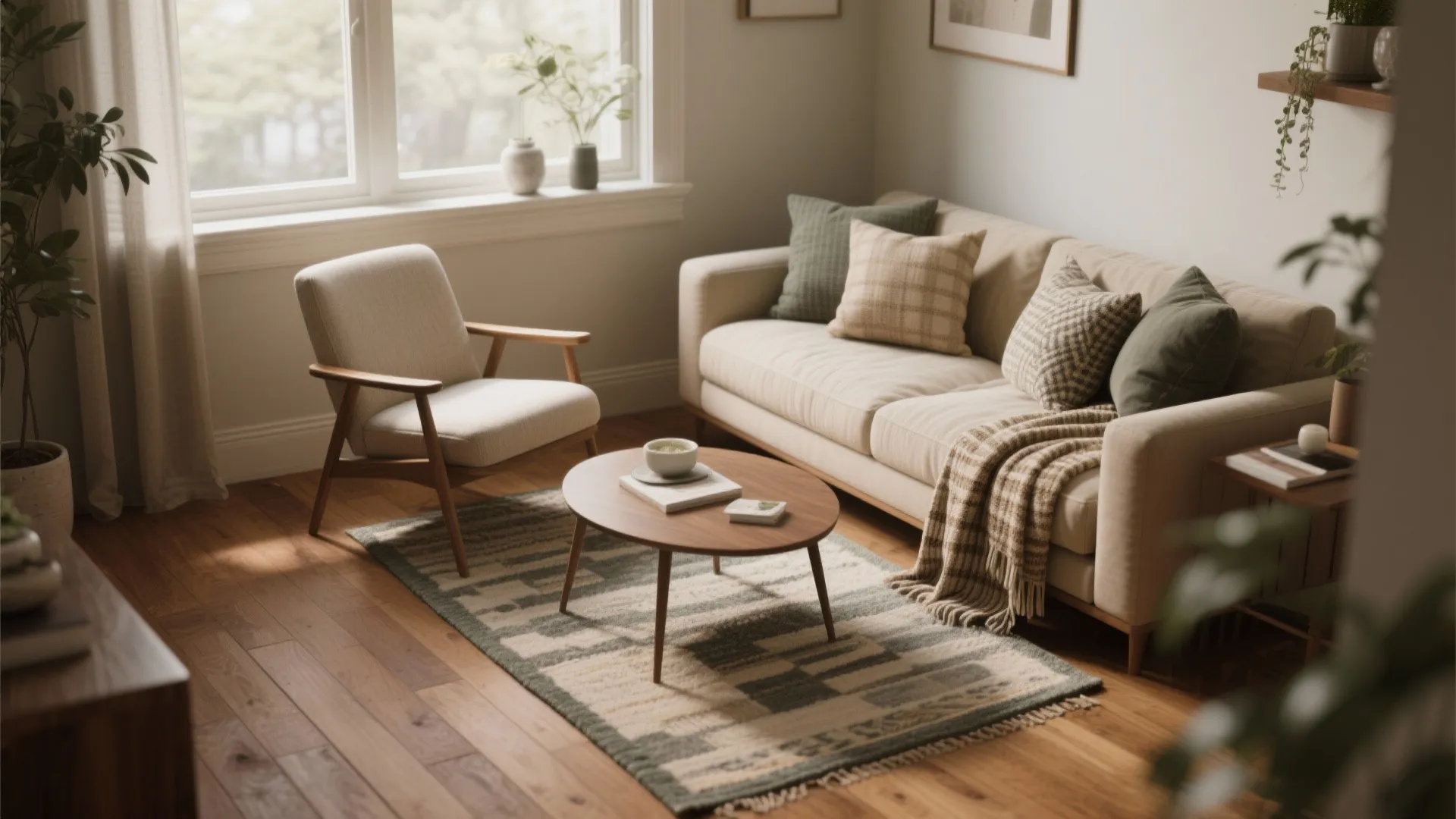 A small rug forming a cozy focal nook with a coffee table and accent chair, colors repeated in cushions.