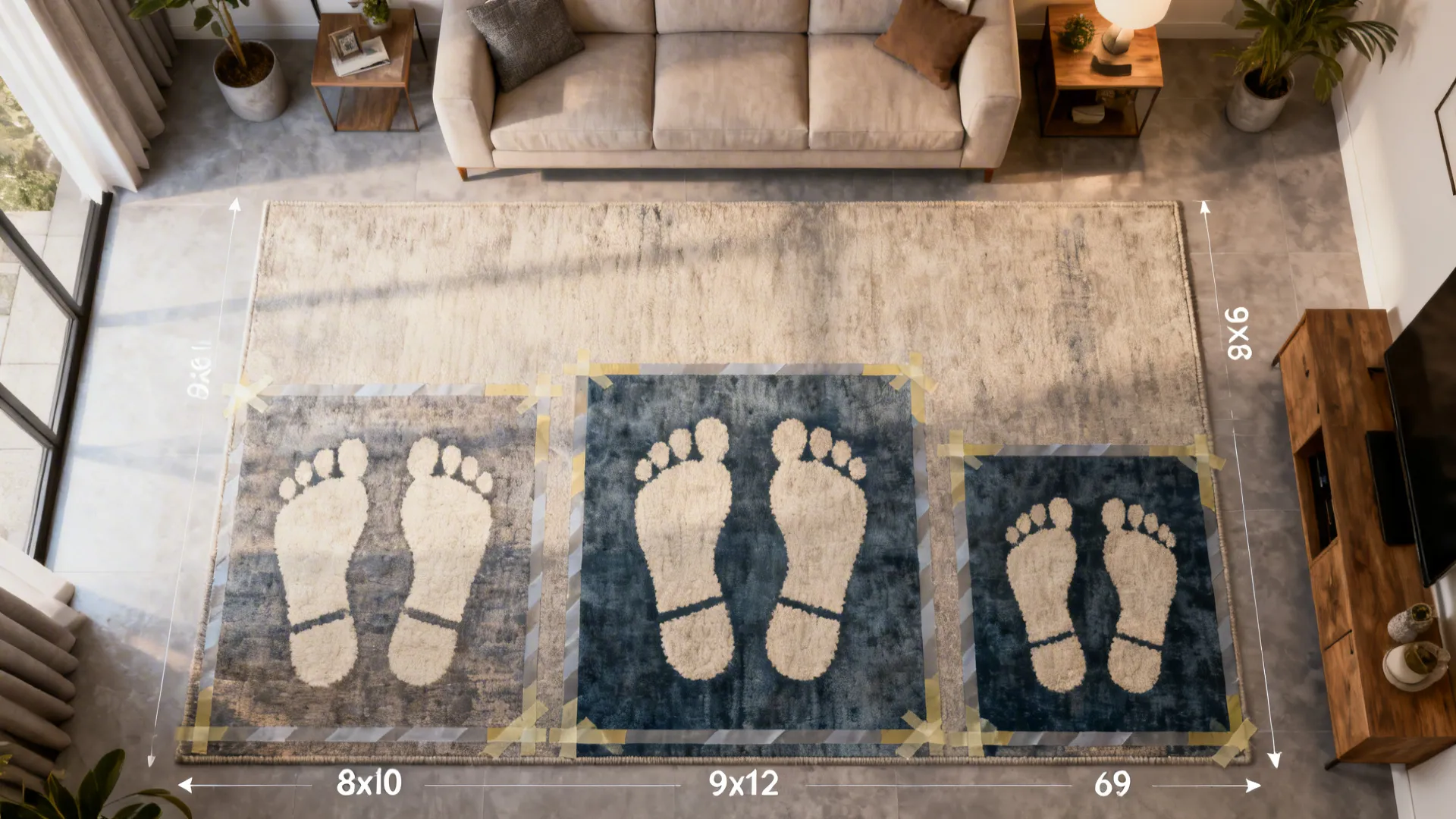 Top-down mockup showing different rug footprints and placements outlined with painter's tape