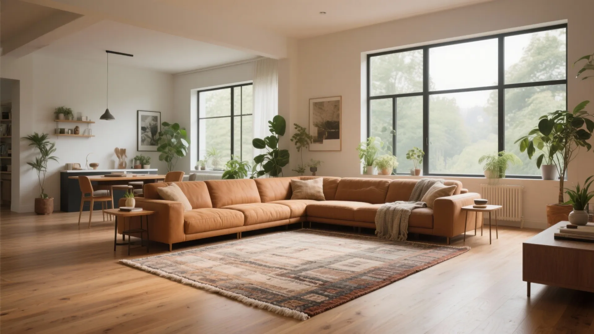 Large brown leather corner sofa with patterned rug on wooden floor and a big window