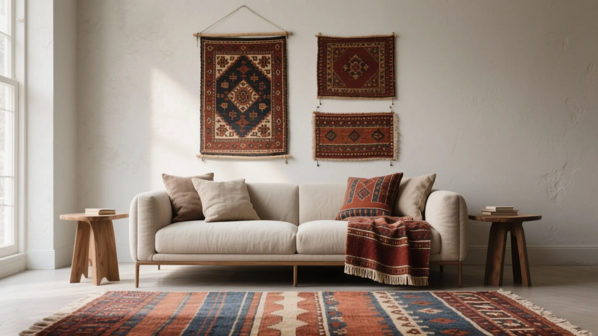 Living room with white sofa patterned wall hangings wooden side tables and large colorful floor rug