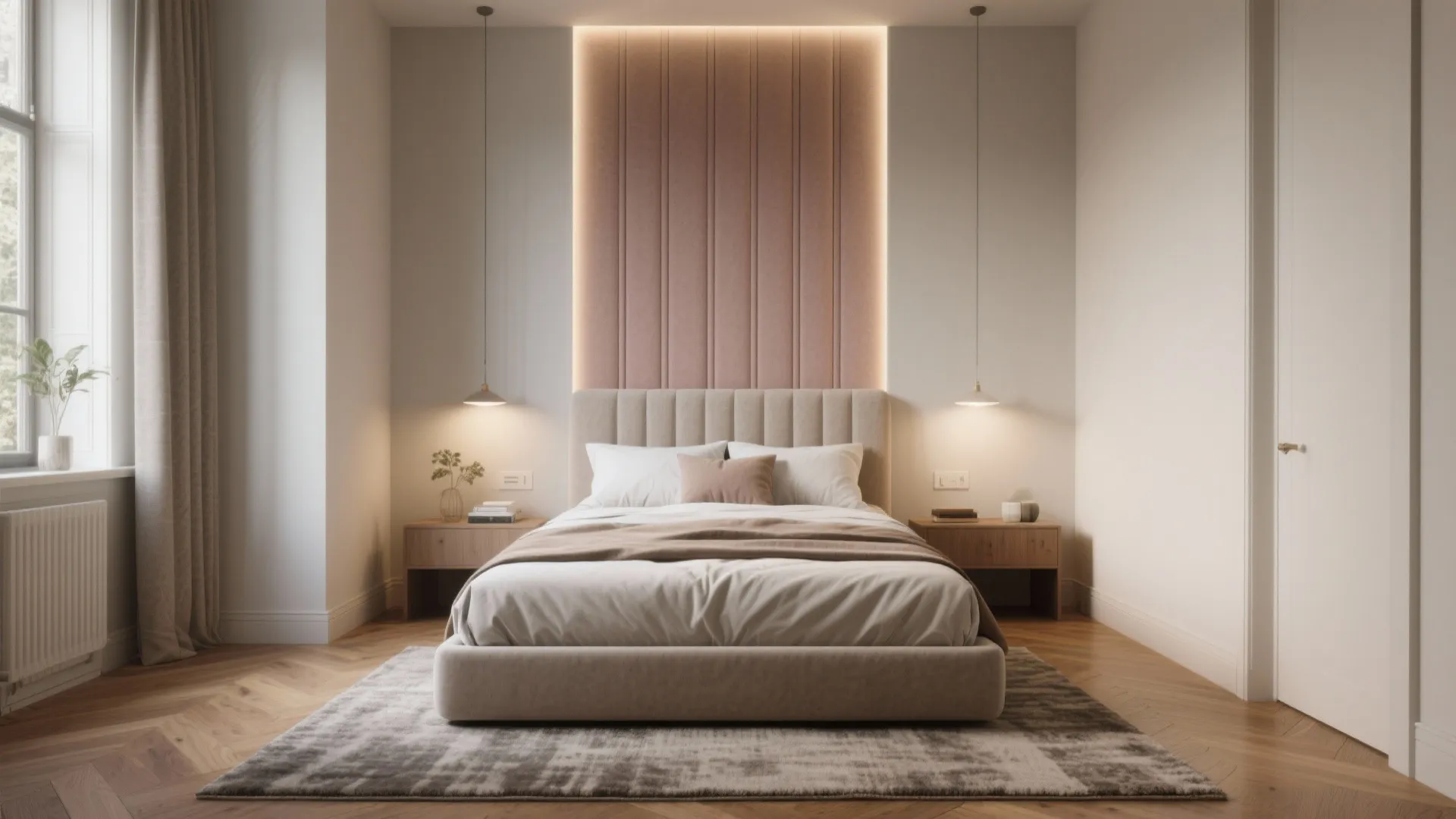 5. Define zones with rugs and a statement headboard