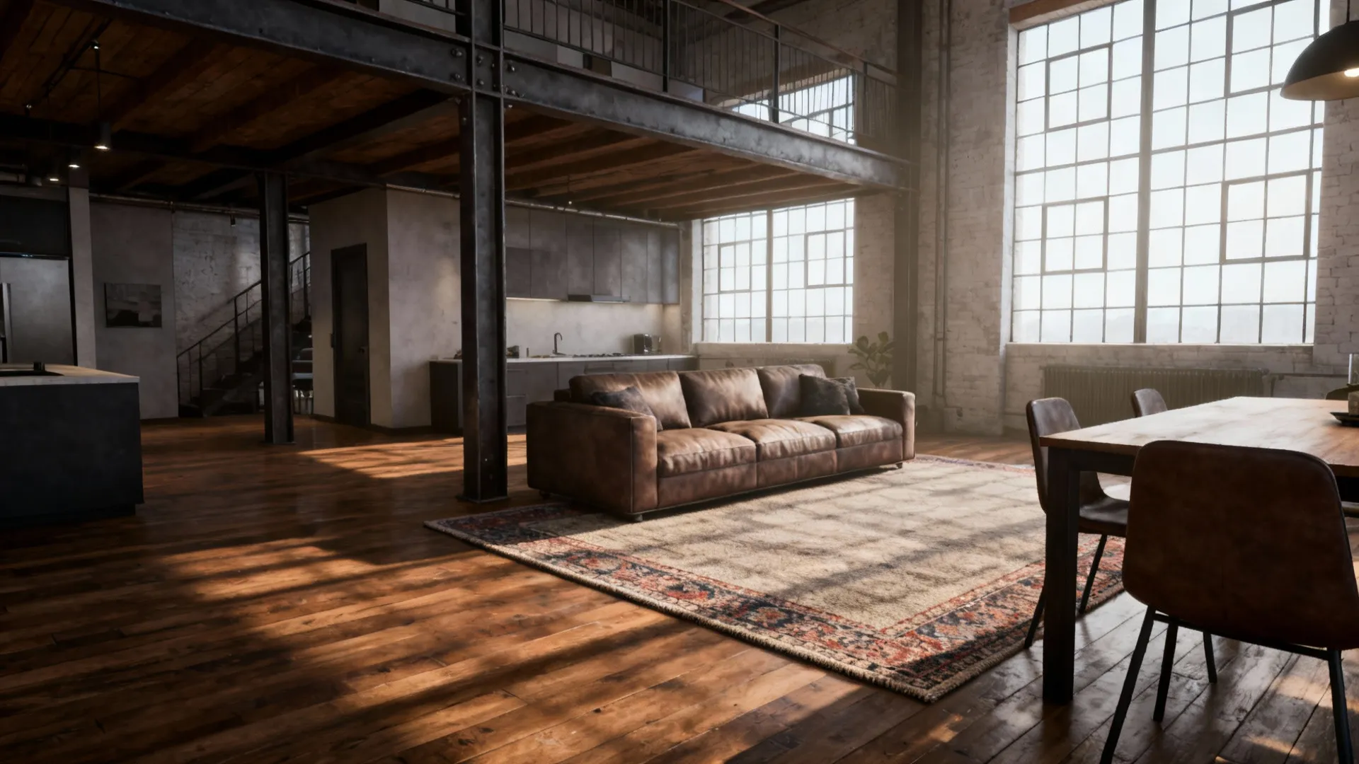 Open-plan loft with a rug extending from living area into the dining zone, creating visual continuity.