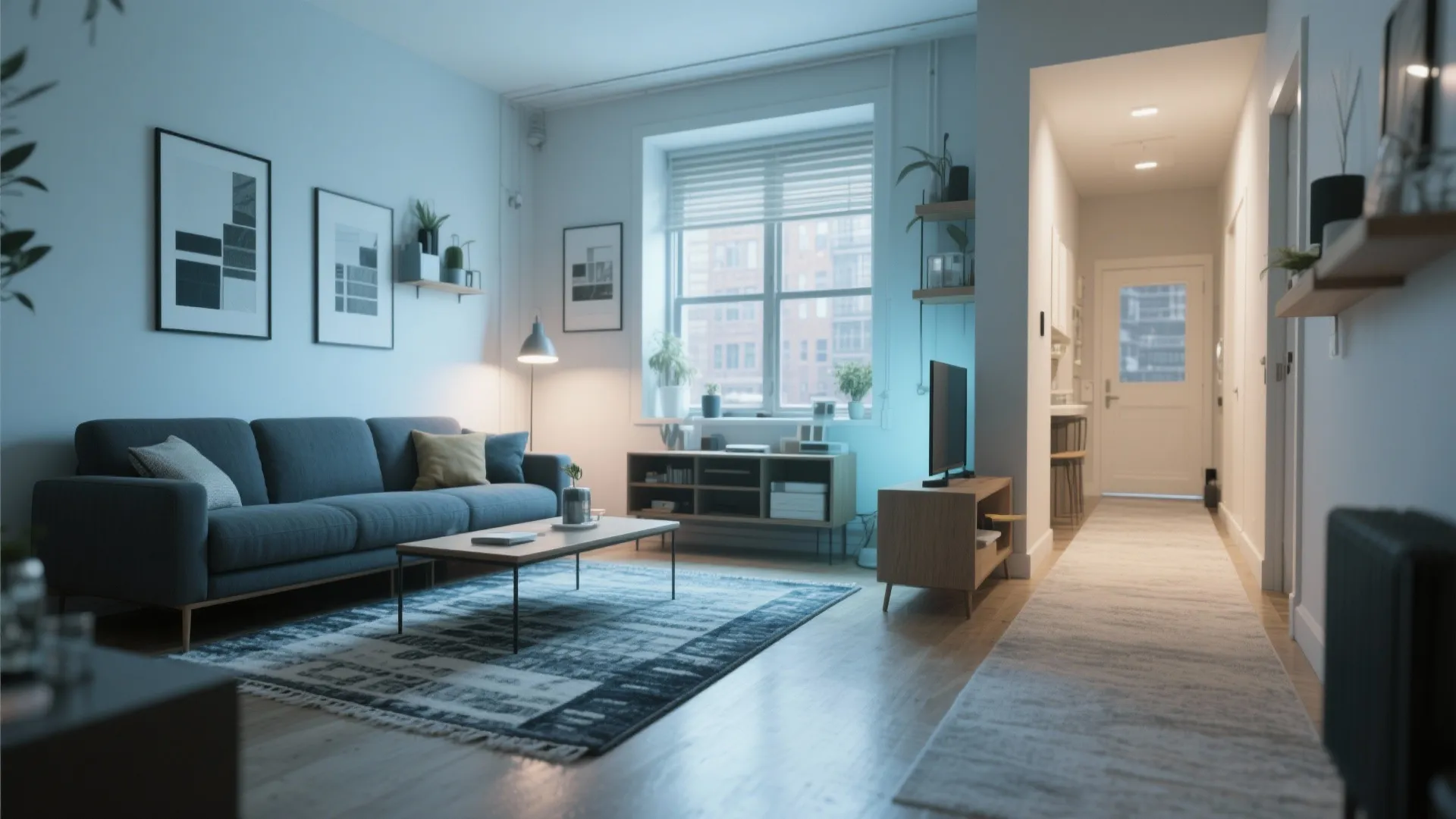 Modern living room with blue sofa and a long rug runner leading into the bright hallway