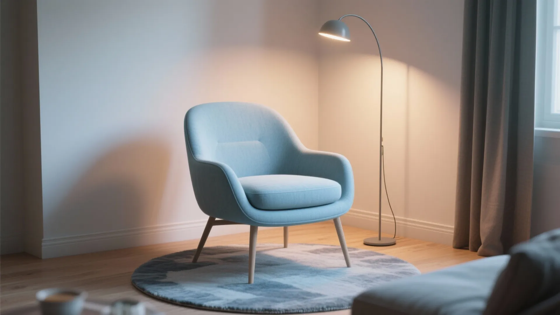 Light blue chair on a round rug with a floor lamp in a cozy corner