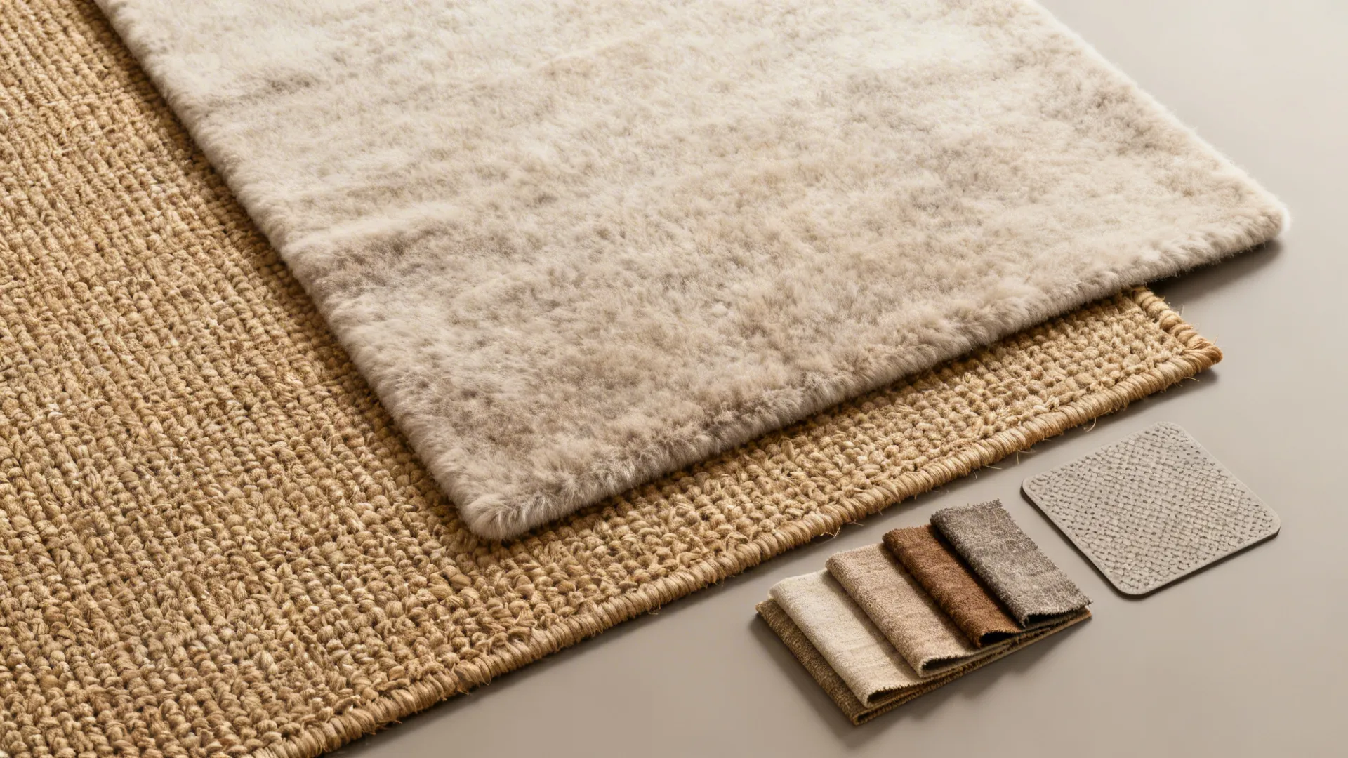 Top-down view of a layered jute base rug with a soft wool rug on top and fabric swatches.