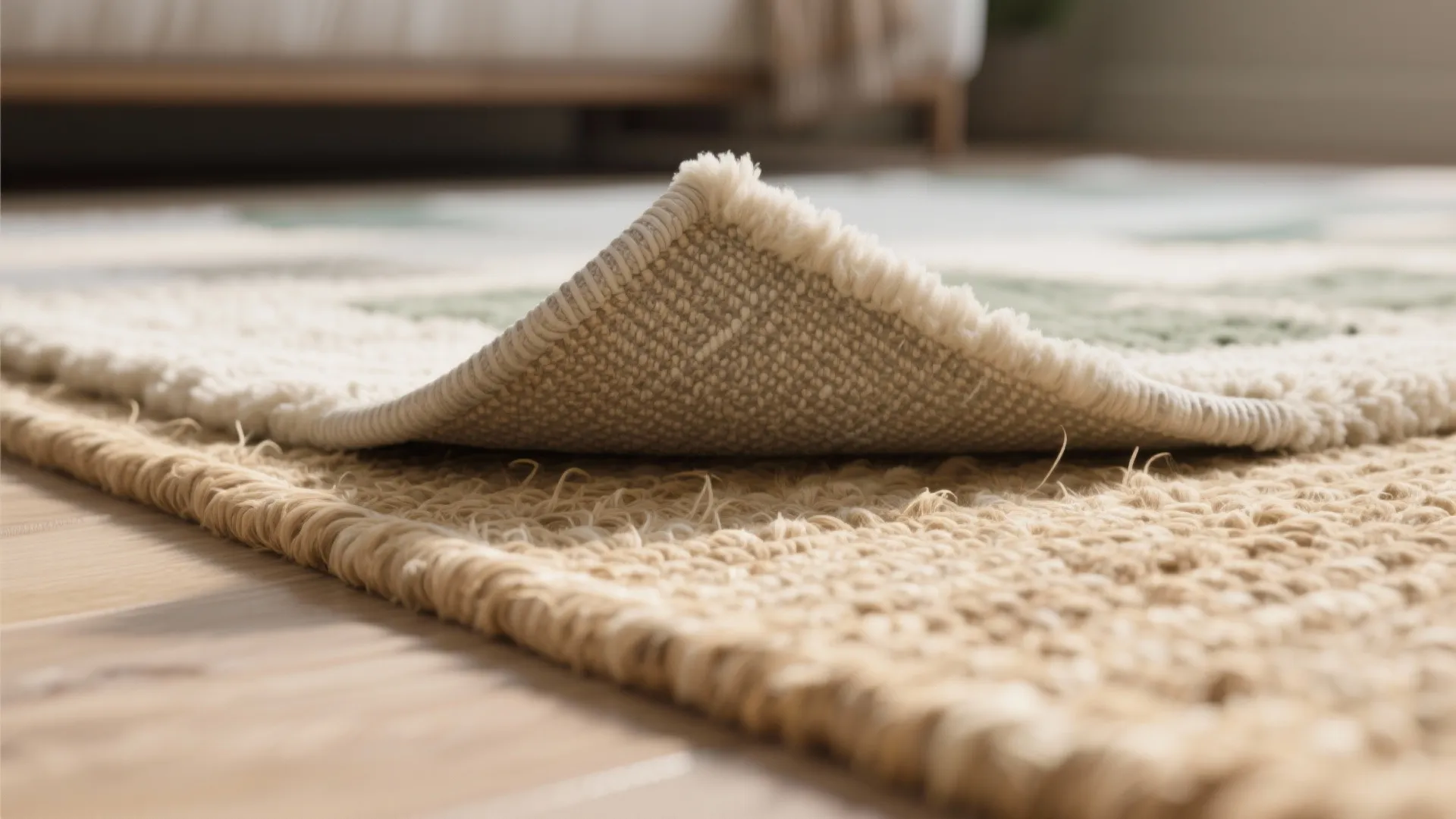 Close up view of a soft patterned area rug layered over a natural woven jute carpet
