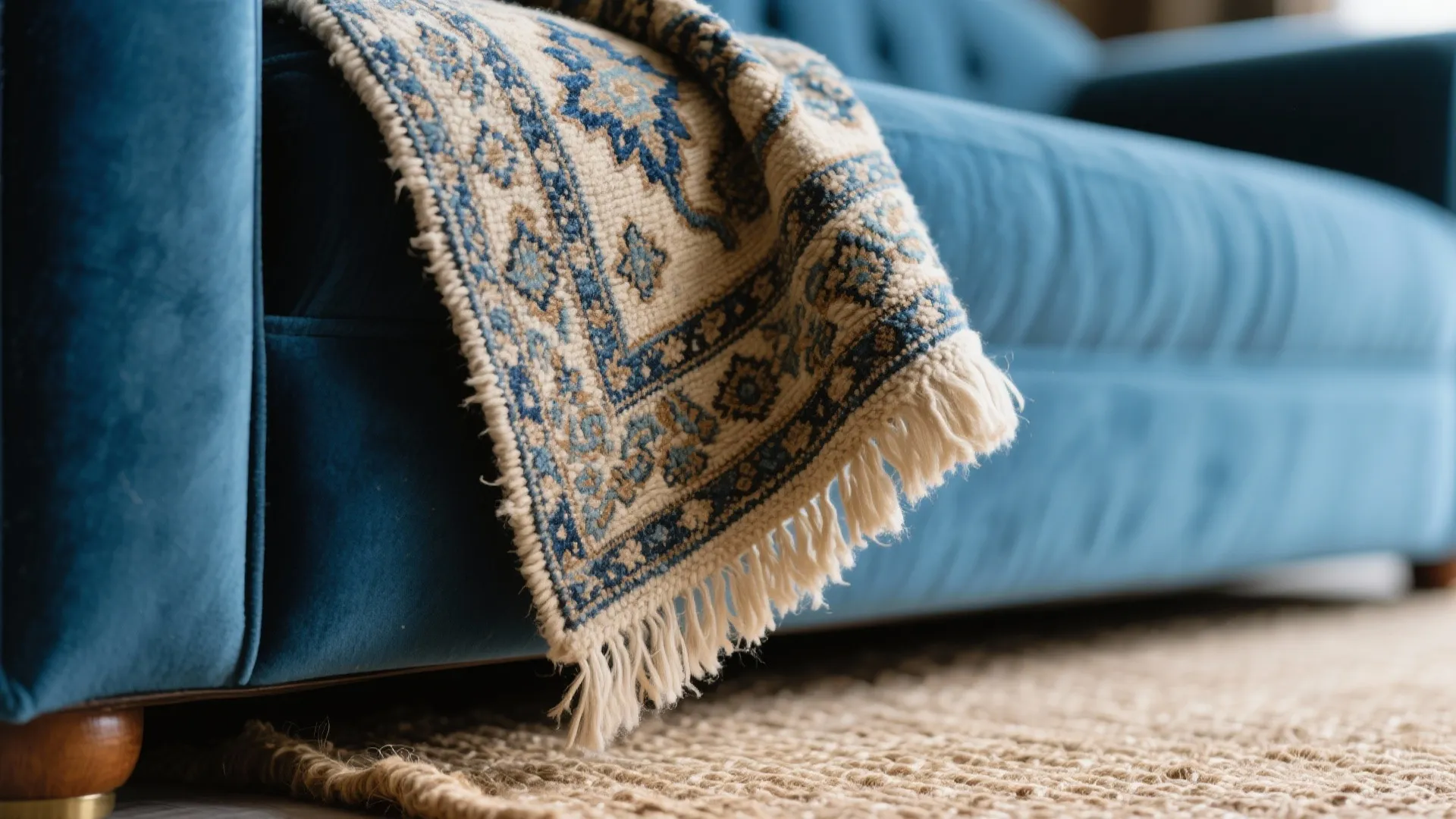 Close up of patterned blue and beige blanket draped over a blue velvet fabric sofa