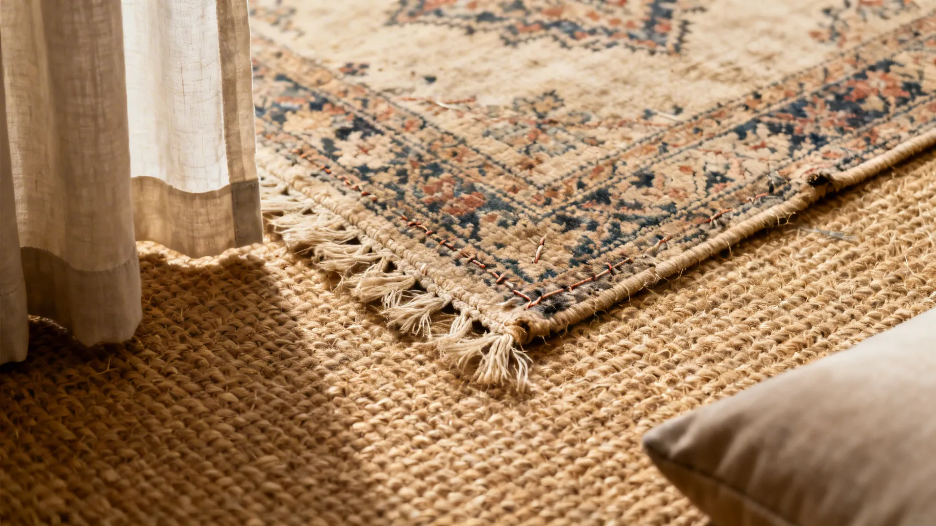 Close-up of a jute rug layered with a smaller vintage-style rug showing rich texture and stitching.