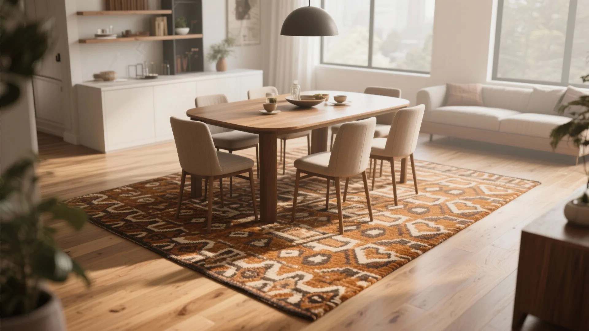 Modern dining room with wooden table and chairs on a patterned brown rug with sunlight