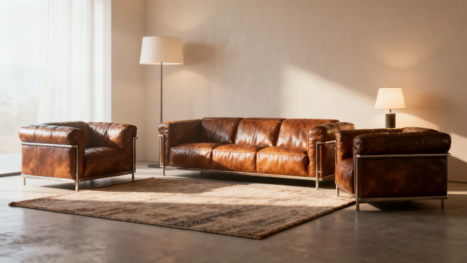 Three-piece faux leather seating on a low-pile rug with layered warm lighting to reduce glare and add depth.