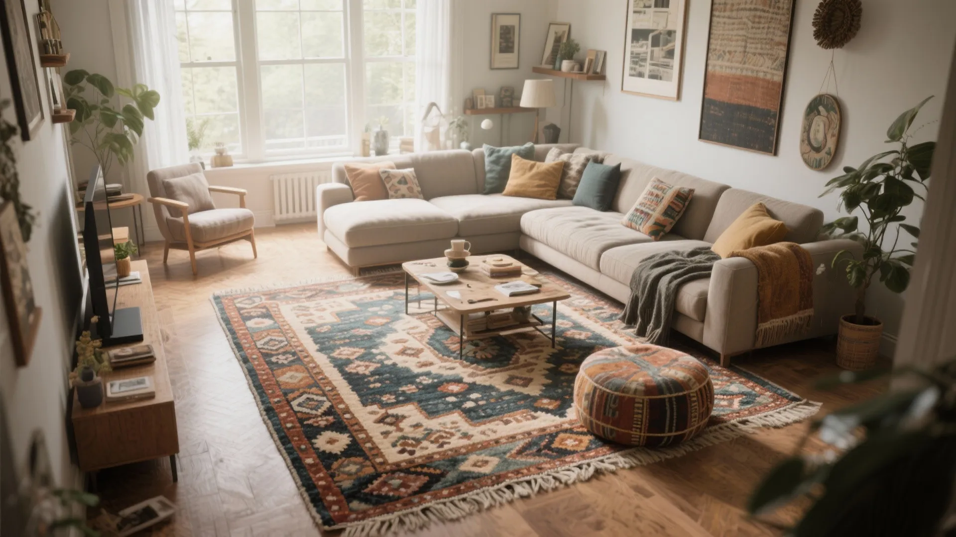 Bright living room with large area rug patterned footrest beige sofa wooden floor and windows