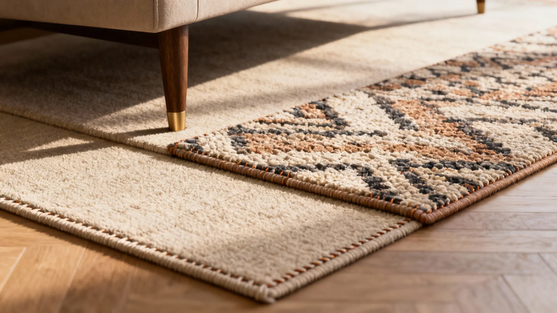 Layered rugs: a smaller patterned rug placed over an 8x10 neutral rug showing texture and scale