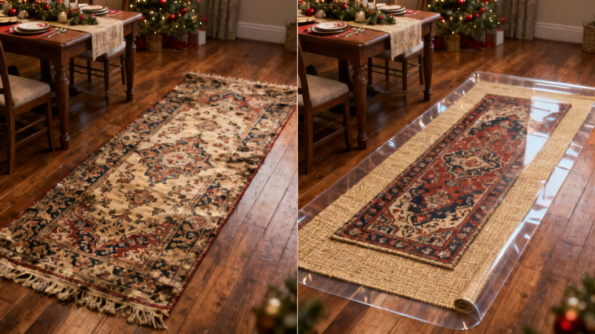 Before-and-after view showing a Persian runner protected by a layered flatweave sisal rug and clear protector.
