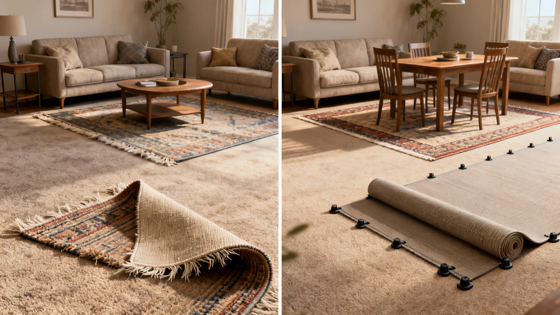 Before-and-after comparison of rug layering on carpet showing common issues and corrected setup