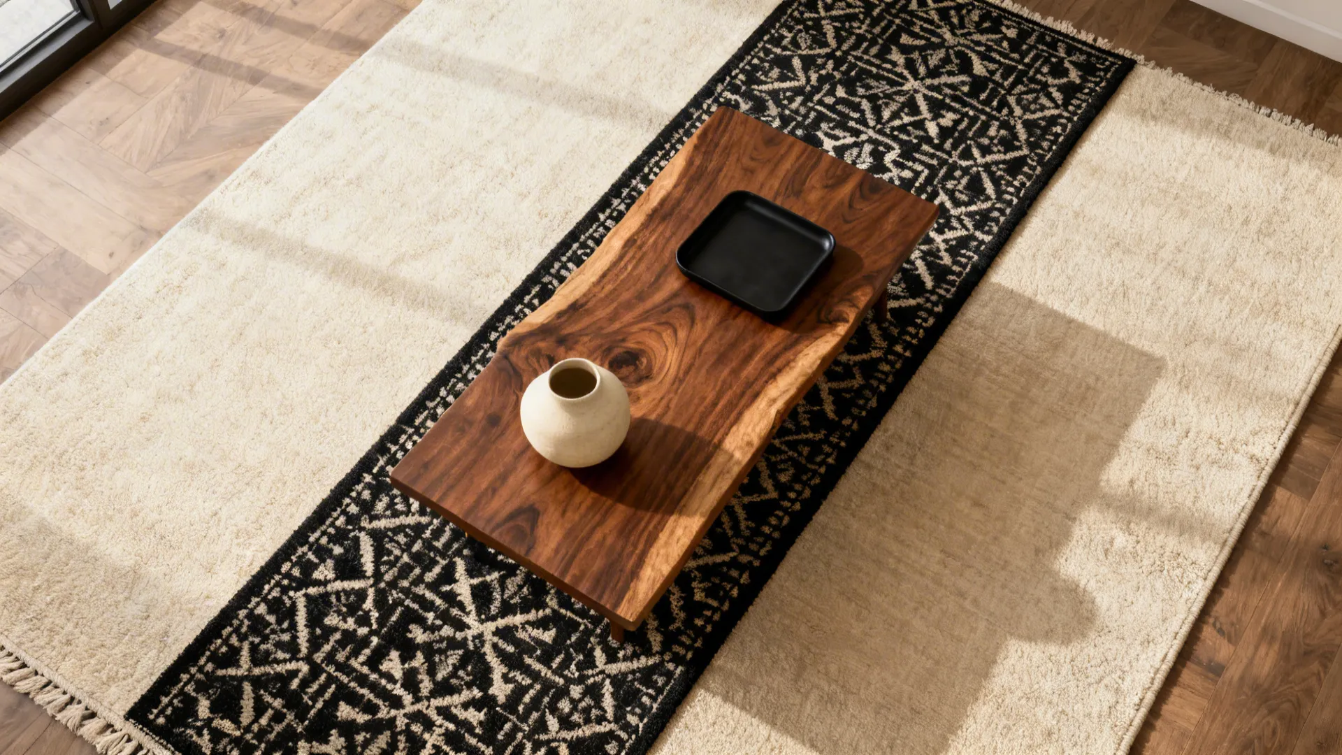 Top-down view of cream base rug with black patterned runner and brown wood coffee table.