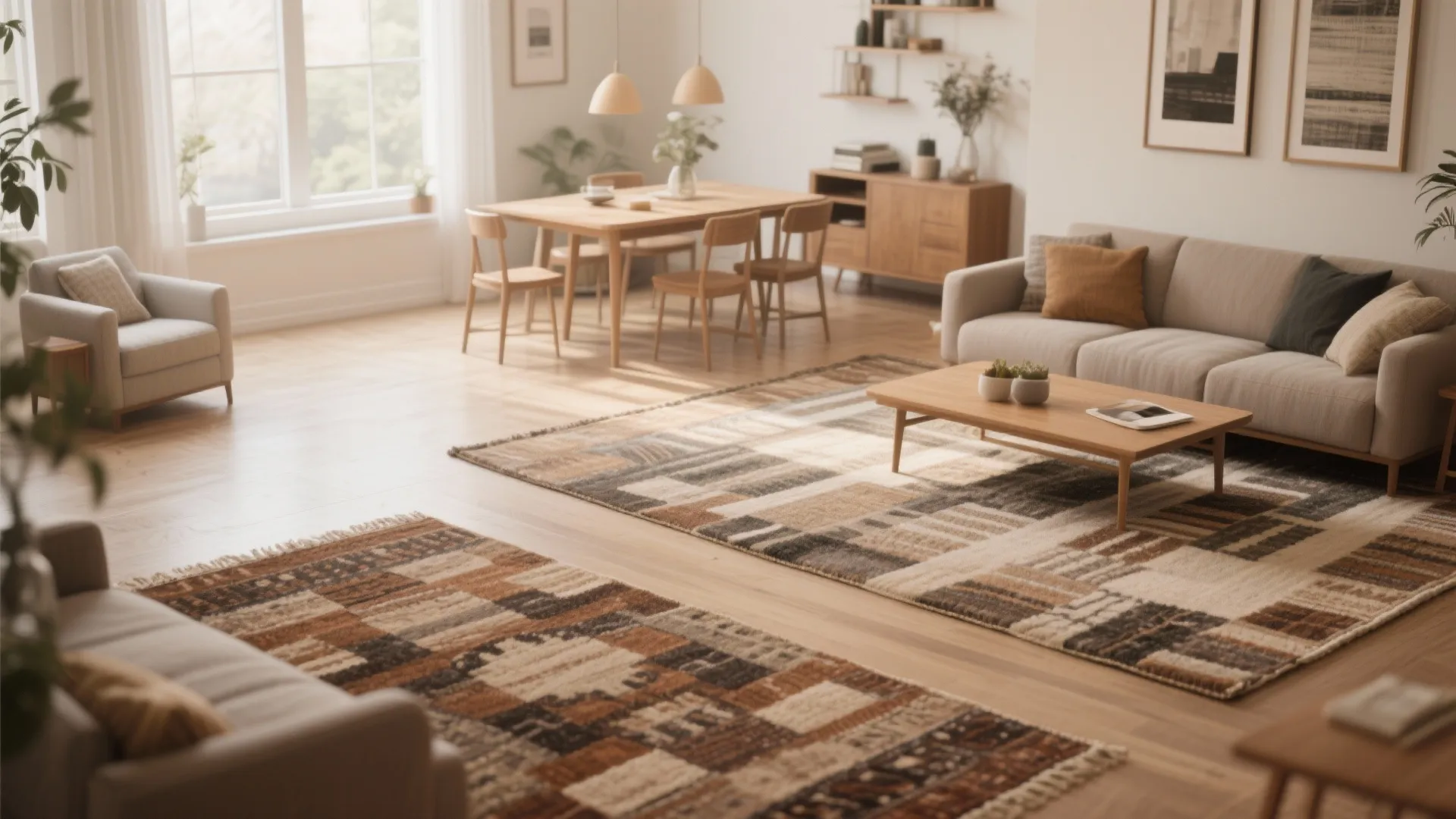 Spacious living area showcasing two patterned area rugs on wood floors with sofa and dining set