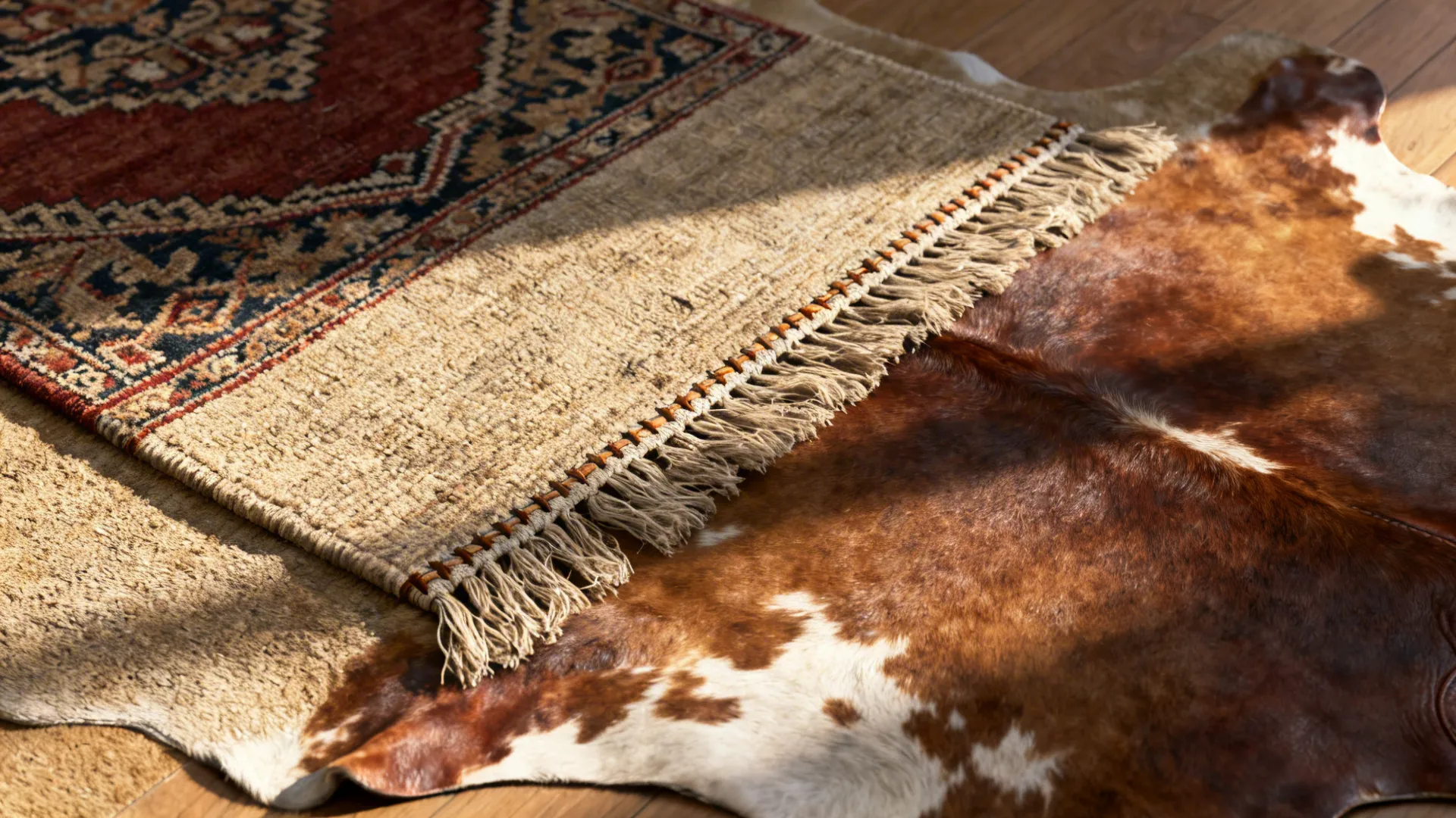 Close up of a patterned rug layered over a brown cowhide rug on wooden floors