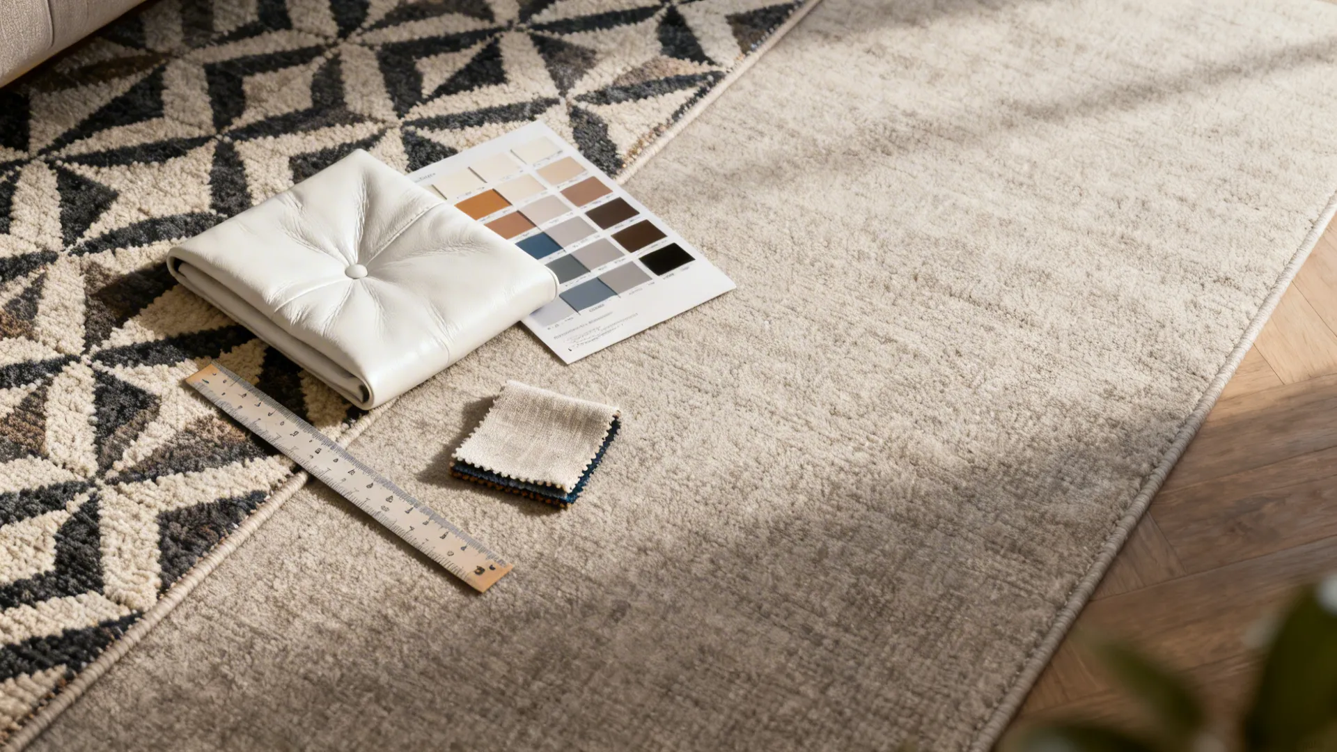 Top-down view of layered geometric and neutral rugs with swatches for a white leather sofa
