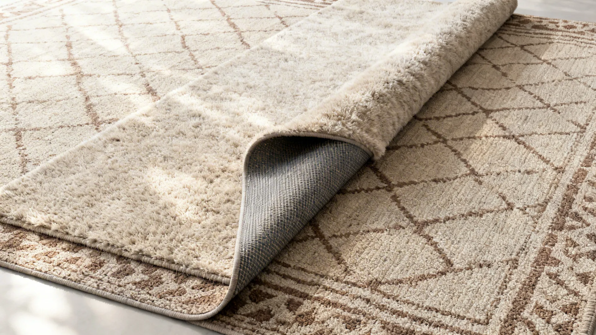 Top-down view of a plush runner layered over a patterned flatweave rug with a non-slip pad