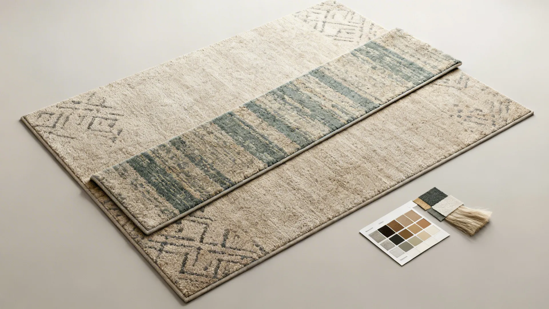 Top-down view of layered low-pile rug and washable runner with material swatches.